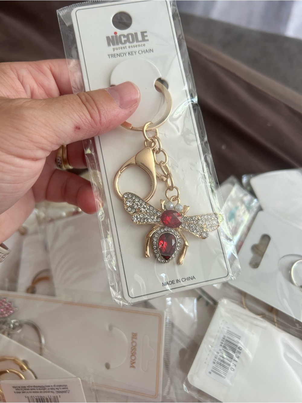 4/$50 Nicole Gold Bee Key & Card Holder with Red Crystal Accents